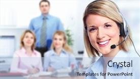  Presentation with call center - Cool new slides with good works - young call customer center operator backdrop and a light blue colored foreground