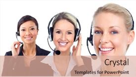  Presentation with call center - Amazing slide deck having young call customer center operator backdrop and a coral colored foreground