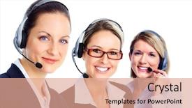  Presentation with call center software - Amazing presentation theme having young call customer center operator backdrop and a coral colored foreground