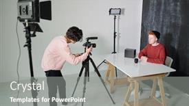  Presentation with video - Presentation theme featuring young-cameraman-bending-in-front background and a gray colored foreground