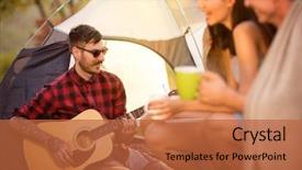  Presentation with company - Amazing slides having young camper man in the company of his friends plays guitar backdrop and a red colored foreground