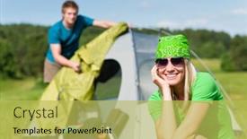  Presentation with build - Slide set featuring young camping couple build-up tent in summer meadows countryside background and a yellow colored foreground