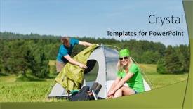  Presentation with build - Amazing presentation design having young camping couple build-up tent in summer meadows countryside backdrop and a light blue colored foreground