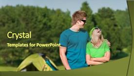  Presentation with tent - Amazing slide set having young camping couple hugging in summer countryside tent in background backdrop and a tawny brown colored foreground