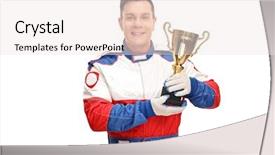  Presentation with car racing - Presentation enhanced with young car racing champion holding background and a sky blue colored foreground