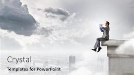  Presentation with flute - Slide deck featuring young carefree businessman sitting on top of building and playing flute background and a white colored foreground