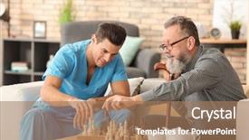  Presentation with home - Slide deck with young caregiver and senior man background and a coral colored foreground