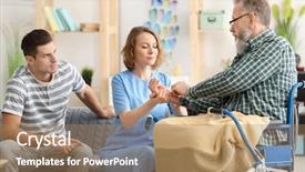  Presentation with pulse - Presentation design with young caregiver measuring pulse rate background and a coral colored foreground