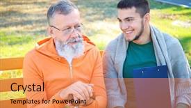  Presentation with man sitting bench - Slides featuring young caregiver sitting with senior background and a coral colored foreground