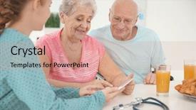  Presentation with senior couple - Presentation theme featuring young caregiver teaching senior couple background and a coral colored foreground