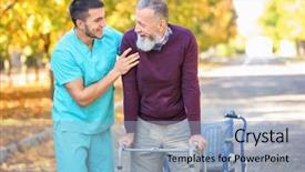  Presentation with walking - Colorful presentation design enhanced with young caregiver walking with senior backdrop and a light blue colored foreground