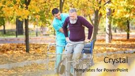  Presentation with walking - PPT theme having young caregiver walking with senior background and a yellow colored foreground