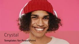  Presentation with music headphones - Presentation design consisting of young-caribbean-man-laughing background and a coral colored foreground