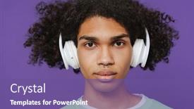  Presentation with music headphones - PPT theme consisting of young-caribbean-man-with-piercing background and a violet colored foreground