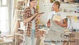  Presentation with sketching - Amazing slide set having young carpenter sketching in notepad while discussing new ideas with co-worker in workshop backdrop and a coral colored foreground