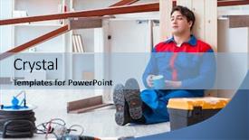  Presentation with carpenter - Presentation theme consisting of dreamboard - young carpenter taking break background and a light blue colored foreground