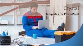  Presentation with carpenter - Slide deck consisting of young carpenter with a laptop computer background and a mint green colored foreground