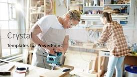  Presentation with carpenter - PPT theme featuring young carpenter with electric fretsaw sawing wooden board in workshop background and a coral colored foreground