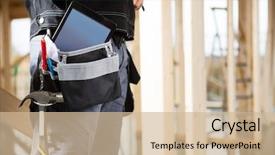  Presentation with computer hardware tools - Cool new PPT layouts with young carpenter with tablet computer backdrop and a  colored foreground