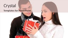  Presentation with gift - Presentation enhanced with young casual couple with gift background and a  colored foreground