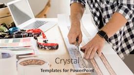  Presentation with craftsman - Slide deck enhanced with cut plan - young casual craftsman with knife background and a soft green colored foreground