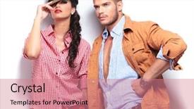  Presentation with engagement model - Colorful PPT theme enhanced with young casual fashion models posing backdrop and a coral colored foreground