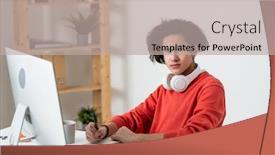  Presentation with front desk - Slides featuring young-casual-male-freelancer-looking background and a mint green colored foreground