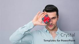  Presentation with eye ball dilated gif - PPT theme having young-casual-man-covering background and a  colored foreground