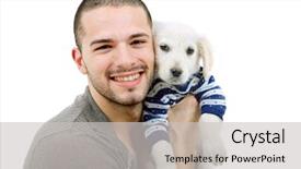  Presentation with body and mind - Cool new theme with young casual man full body with a small dog backdrop and a light gray colored foreground