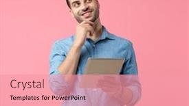  Presentation with tab - Colorful presentation theme enhanced with young-casual-man-holding-tab backdrop and a coral colored foreground