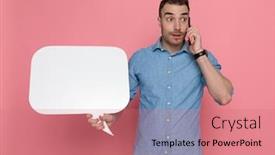  Presentation with man holding phone - PPT theme having young-casual-man-holding background and a coral colored foreground