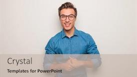  Presentation with jeans - Amazing slides having young casual man in blue jeans shirt laughing and having fun while posing in studio backdrop and a soft green colored foreground