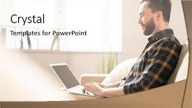  Presentation with remote work - Presentation design enhanced with young casual man pushing keys background and a cream colored foreground