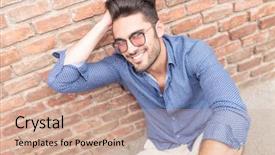  Presentation with brick wall - Colorful presentation theme enhanced with young casual man with glasses fixing his hair while seated against brick wall backdrop and a coral colored foreground