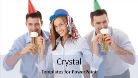  Presentation with fun work - Slide deck with young casual office workers having party fun after work drinking beer laughing background and a light blue colored foreground