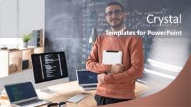  Presentation with developer - Presentation theme having young-casual-software-developer background and a gray colored foreground