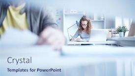  Presentation with student - PPT theme enhanced with young casual student making notes while sitting by desk and preparing her project background and a sky blue colored foreground