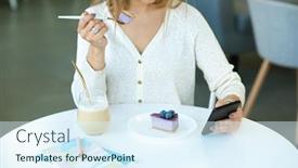  Presentation with scrolling - Colorful PPT theme enhanced with young-casual-woman-scrolling backdrop and a sky blue colored foreground