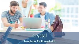  Presentation with feet - Theme enhanced with young casual woman with feet on the table in the office background and a ocean colored foreground