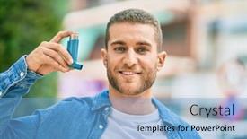  Presentation with inhaler - Presentation design enhanced with young-caucasian-asthmatic-man-smiling background and a light blue colored foreground