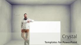  Presentation with poster - Cool new presentation with young caucasian bearded man in casual clothes is standing with his elbow resting on a huge white poster in empty room with white walls backdrop and a soft green colored foreground