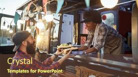  Presentation with food service - Presentation theme having young-caucasian-beardy-hipster-taking background and a tawny brown colored foreground