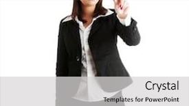  Presentation with choice - Audience pleasing presentation design consisting of young caucasian beautiful businesswoman in black suit making choice isolated backdrop and a light gray colored foreground