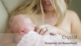  Presentation with newborn - Beautiful presentation featuring young caucasian beautiful mother holding her precious newborn baby girl backdrop and a soft green colored foreground