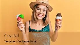  Presentation with ice cream cone - Audience pleasing slide deck consisting of young-caucasian-blonde-woman-eating backdrop and a gold colored foreground