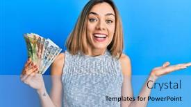  Presentation with sol - Amazing slide deck having young-caucasian-blonde-woman-holding backdrop and a light blue colored foreground