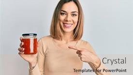  Presentation with jam - Amazing PPT layouts having young-caucasian-blonde-woman-holding backdrop and a coral colored foreground