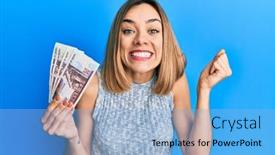  Presentation with egyptian - Slide deck with young-caucasian-blonde-woman-holding background and a light blue colored foreground