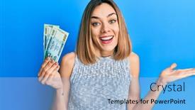  Presentation with blonde holds a magnifying glass - Beautiful slide set featuring young-caucasian-blonde-woman-holding backdrop and a light blue colored foreground