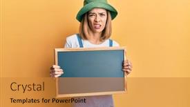  Presentation with blackboard - PPT theme consisting of young-caucasian-blonde-woman-holding background and a  colored foreground